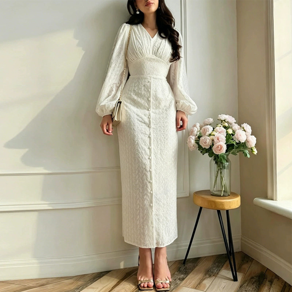 Forever 21 White Lantern Sleeve French Collar Waist Cinching Dress